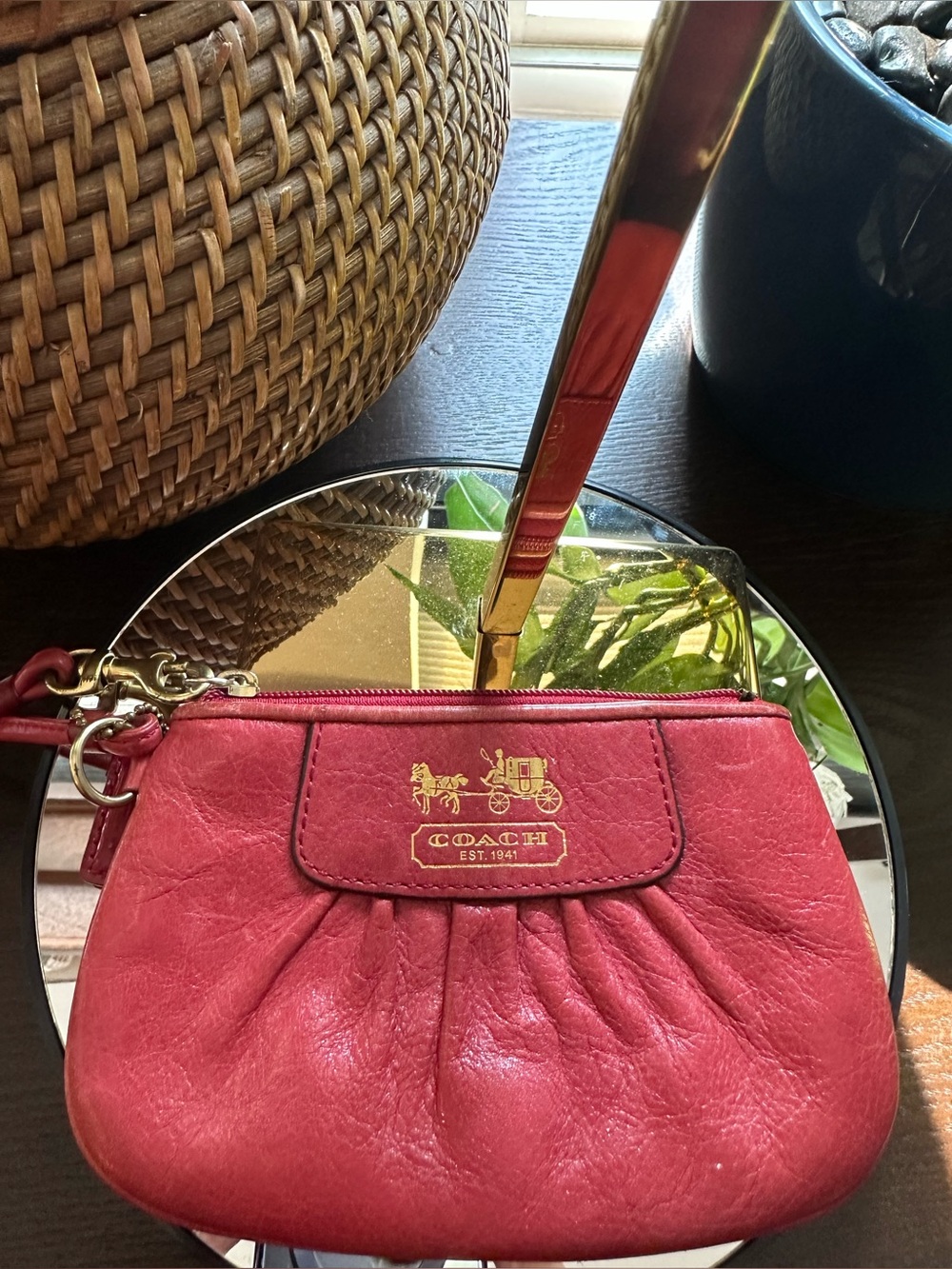 Coach Pink Leather Wristlet with Gold Logo